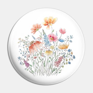 wild flower bouquet and blue bird-line and watercolor Pin