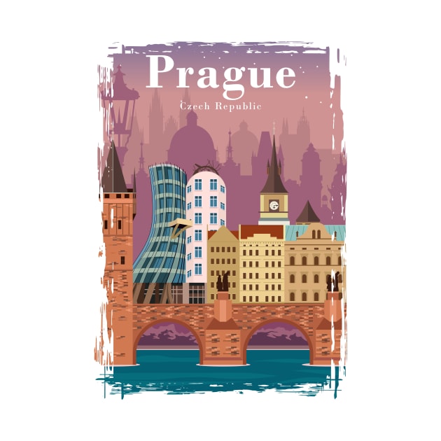 Prague Colorful Vintage Minimal Travel Poster by jornvanhezik