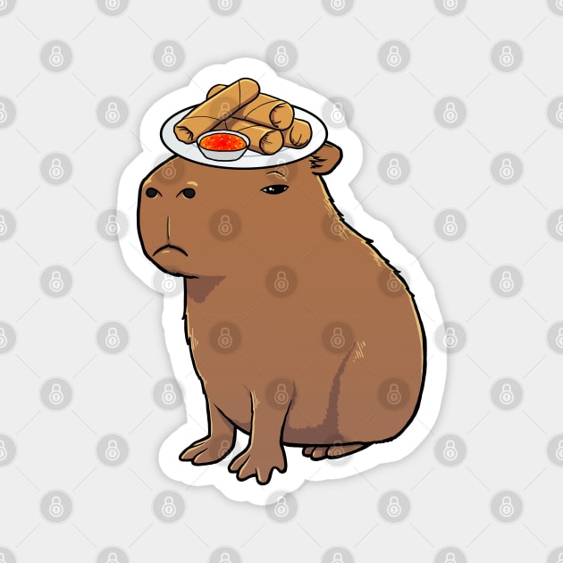 Capybara with Spring Rolls on its head Magnet by capydays