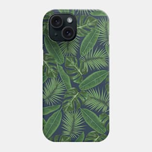 Tropical Green Leaves Pattern on Dark Blue Phone Case