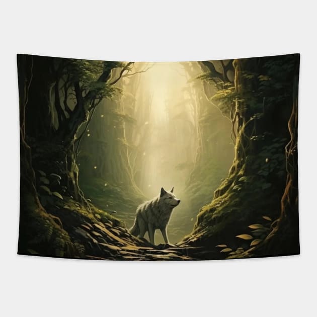 Pathway Guardian - Wolf's Forest Vigil Tapestry by vk09design