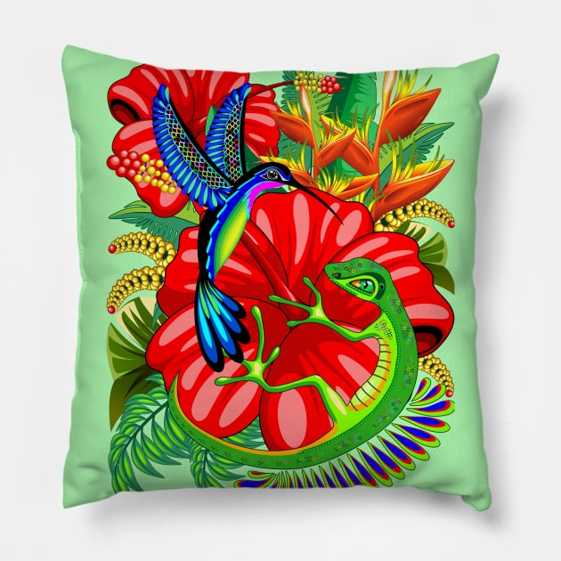 The Lizard, The Hummingbird and The Hibiscus Pillow by BluedarkArt