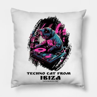 Techno Cat - Techno cat from Ibiza- Catsondrugs.com - rave, edm, festival, techno, trippy, music, 90s rave, psychedelic, party, trance, rave music, rave krispies, rave flyer Pillow