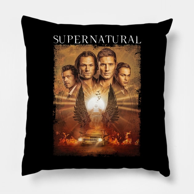 Supernatural Group Shot Sepia Tone Wings Pillow by Den Tbd