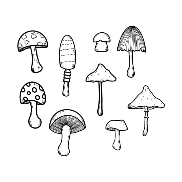 Nine MinimalistIc Mushrooms Fungi T-Shirt by BlackSpruce