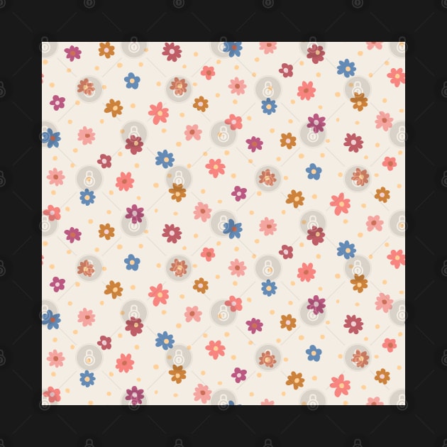 Scattered Daisy field with  orange, pink and blue floral on warm cream background by FrancesPoff