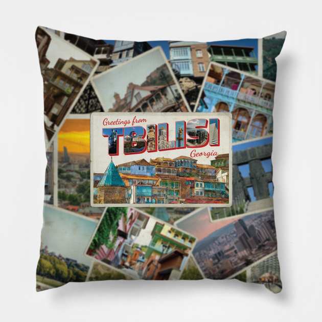 Greetings from Tbilisi in Georgia Vintage style retro souvenir Pillow by DesignerPropo