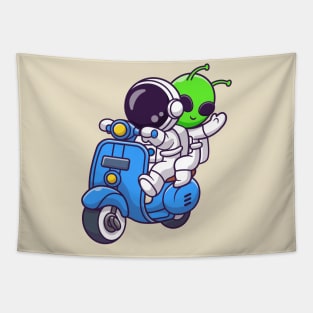 Cute Astronaut And Alien Riding Scooter Cartoon Tapestry