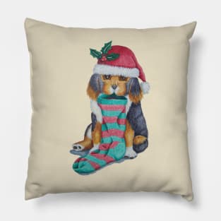 cute black and brown puppy dressed for christmas Pillow