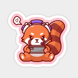 Cute Red Panda Playing Game With Headphone Cartoon Magnet