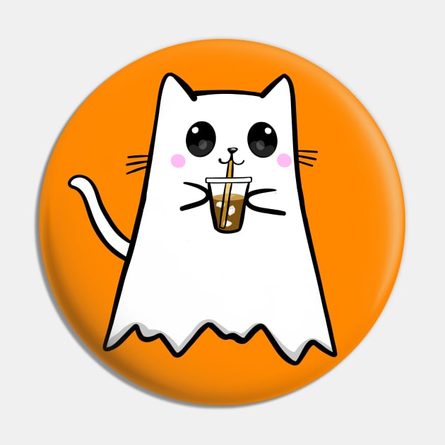 Iced Coffee Ghost Cat Pin by KilkennyCat Art