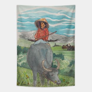 Girl Rides On Water Buffalo Vietnam Countryside Tapestry