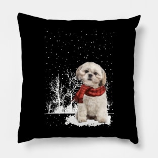 Christmas Shih Tzu With Scarf In Winter Forest Pillow