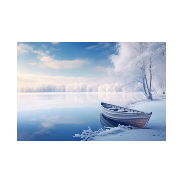 Lake Boat In Winter Serene Landscape by Cubebox