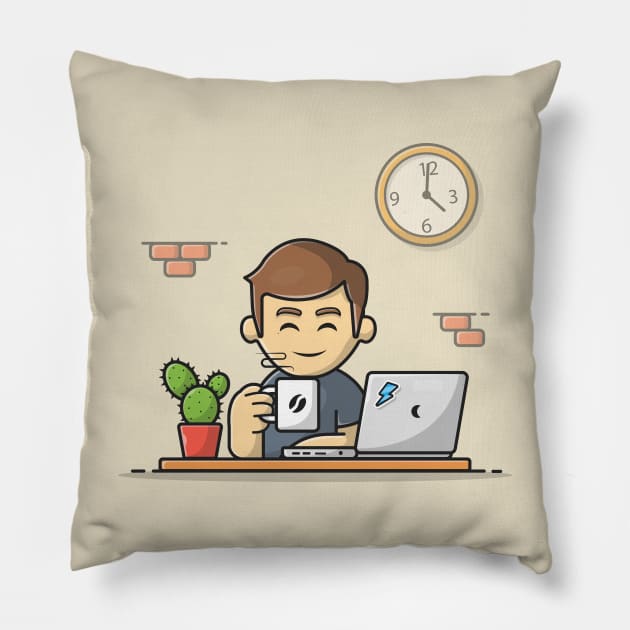 Male Operating Laptop With Coffee Cartoon Vector Icon Illustration Pillow by Catalyst Labs