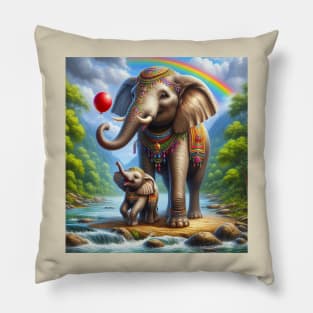 Happy mom Elephant with her baby colorful painting Pillow