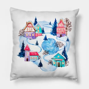 Watercolor Christmas Village Pillow