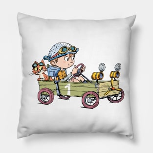 boy in a wooden cart and a cat imagines that he is in a racing car Pillow