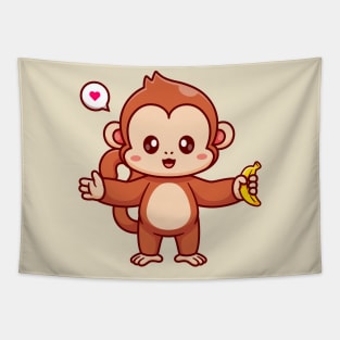 Cute Monkey Holding Banana Cartoon Tapestry