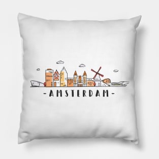 Amsterdam Skyline Netherlands Colored Hand Drawn Style Pillow