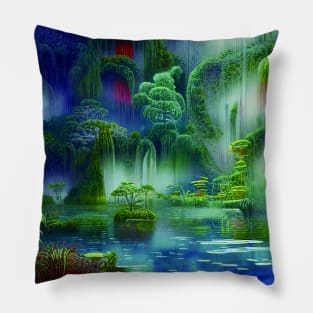 Magical Blue Landscape Painting with Peaceful Illustrations Pillow