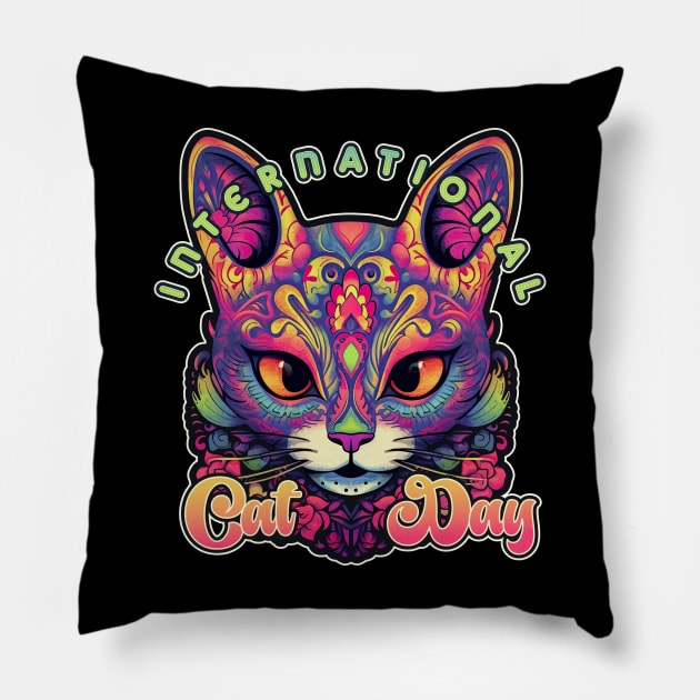 International Cat Day Sugar Skull Kitten Pillow by DanielLiamGill