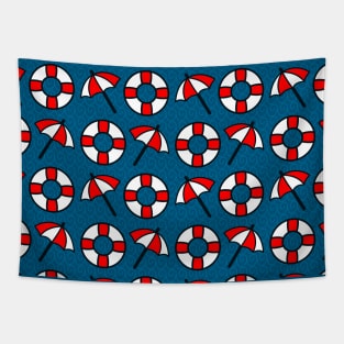 Red and white ubrellas with rounded float over blue navy background. Summer vibes Tapestry