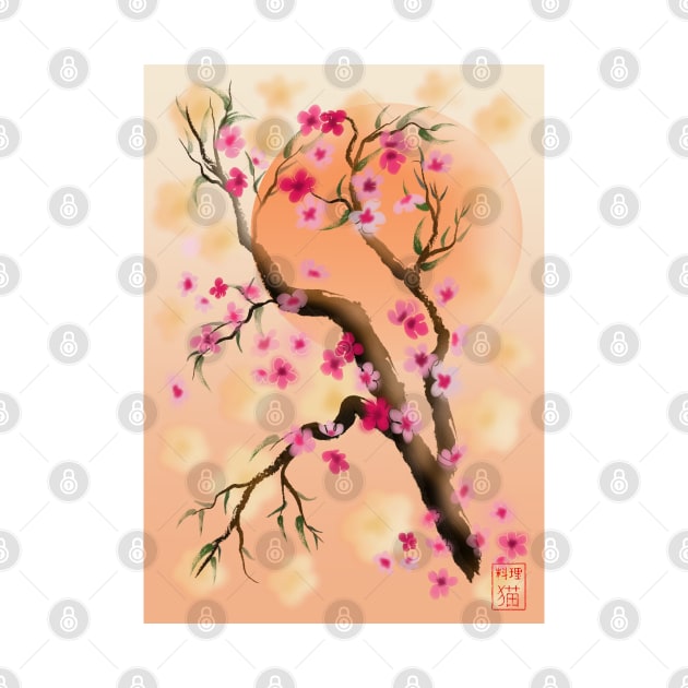 Deep yellow and pink sakura (cherry blossoms) sumi-e by cuisinecat