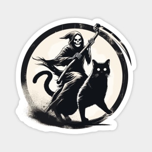 Grim Reaper Riding on Black Cat Magnet