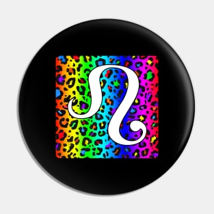 Leo Zodiac Horoscope Rainbow Leopard Print Square Monogram Pin