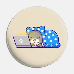 Cute Cat Watching Movie On Laptop With Blanket Pin