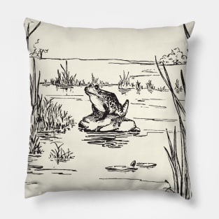 Cottagecore Frog Sitting In The Pond, Cute Cottagecore Toad on Rock, Vintage Aesthetics Froggie Pillow