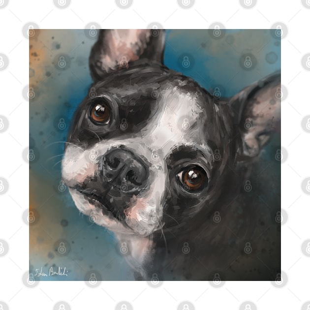 Contemporary Painting of a Cute Boston Terrier on Blue Background by ibadishi