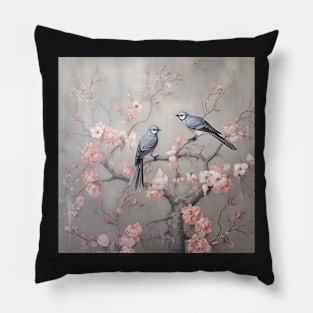 Grey and pink chinoiserie painting with birds and flowers Pillow