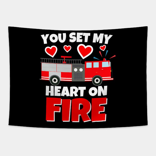 Boys Valentines Day Firetruck You Set My Heart On Fire Tapestry by jadolomadolo