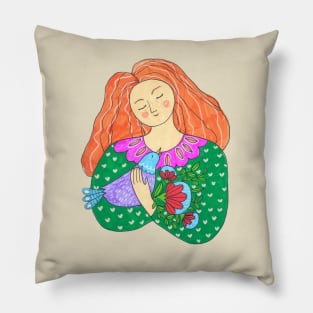 Girl Bird Flowers Pillow