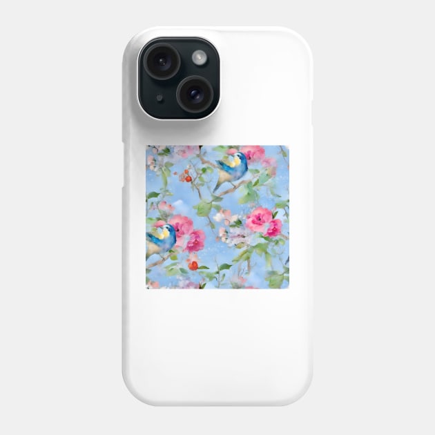 Blue tit and spring flowers chinoiserie Phone Case by SophieClimaArt