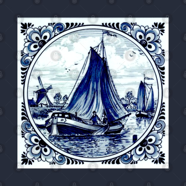 Dutch Blue Delft Windmills and Sailboats Print by posterbobs