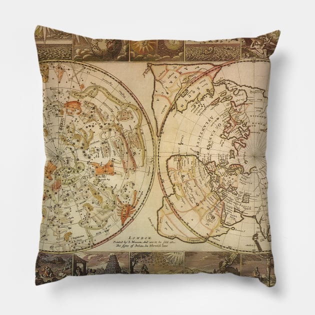 Vintage Celestial Planisphere Map by Joseph Moxon Pillow by MasterpieceCafe