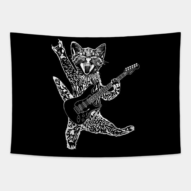 Cat Feline rock star gato playing an electric guitar rock and roll cat Tapestry by BrederWorks