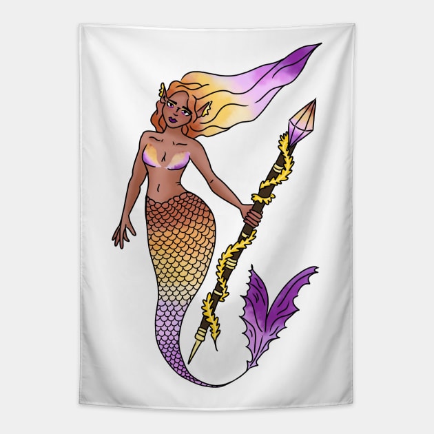 Lesbian Pride Sunset Mermaid Tapestry by TheDoodlemancer
