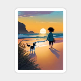 child playing with a dog on the beach. Magnet