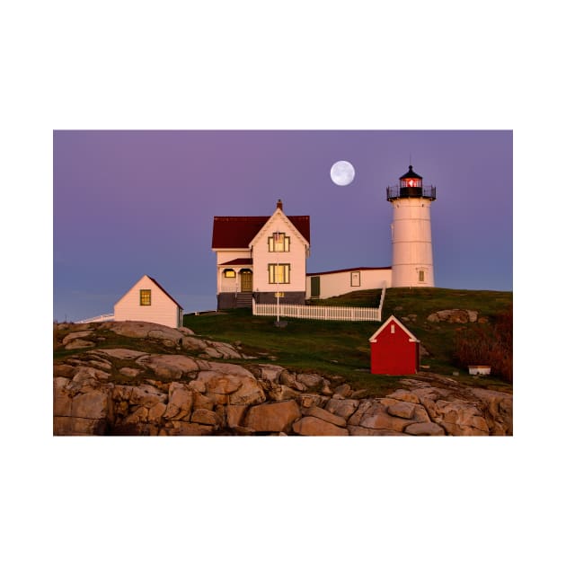 Nubble Lighthouse and Moon by jforno