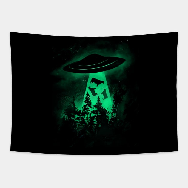 Cow Abduction - UFO Aliens Tapestry by Area31Studios