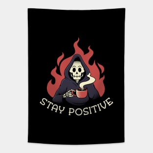 Stay Positive! Death Drinking Coffee by Tobe Fonseca Tapestry