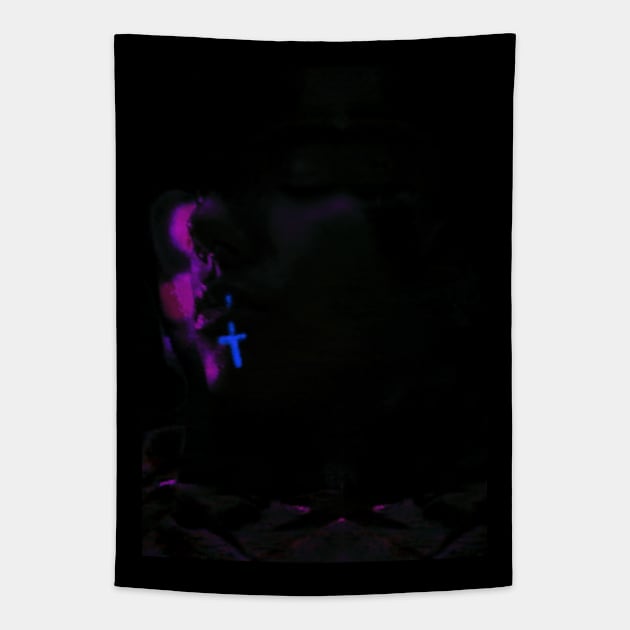 Special processing. Real Jesus was more dark and brutal, but yet so kind guy. Guy with little glowing cross on lip. Violet and blue. Brighter. Tapestry by 234TeeUser234