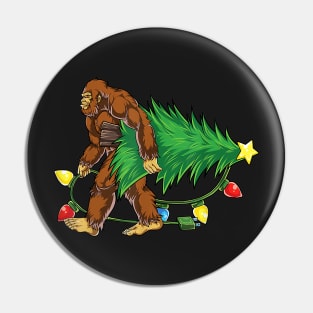 Bigfoot Carrying a Christmas Tree, Funny Sasquatch Gift for Xmas Pin