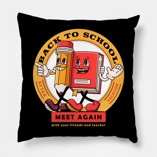 Back to school, pencil and book mascot walk together Pillow by Vyndesign