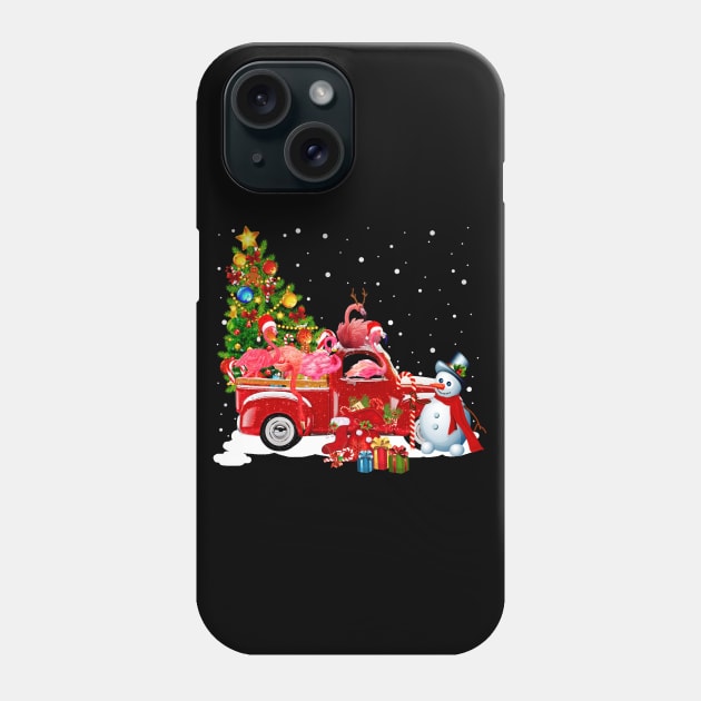 Red Truck Merry Christmas Tree Flamingos Dog Christmas T-Shirt Phone Case by kimmygoderteart