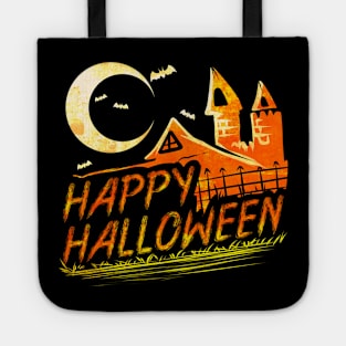Haunted House Moon Bats Logo For Happy Halloween Tote